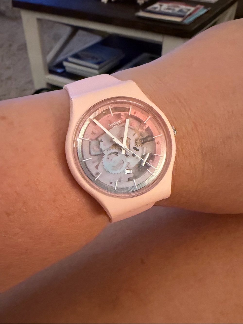 Swatch Pink Transparent Dial Silicone Strap Watch - Picture 2 of 5